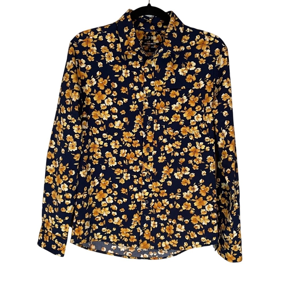 Apt 9‎ Mens Small Navy Blue Yellow Floral Untucked Fit Premier Flex Button Down